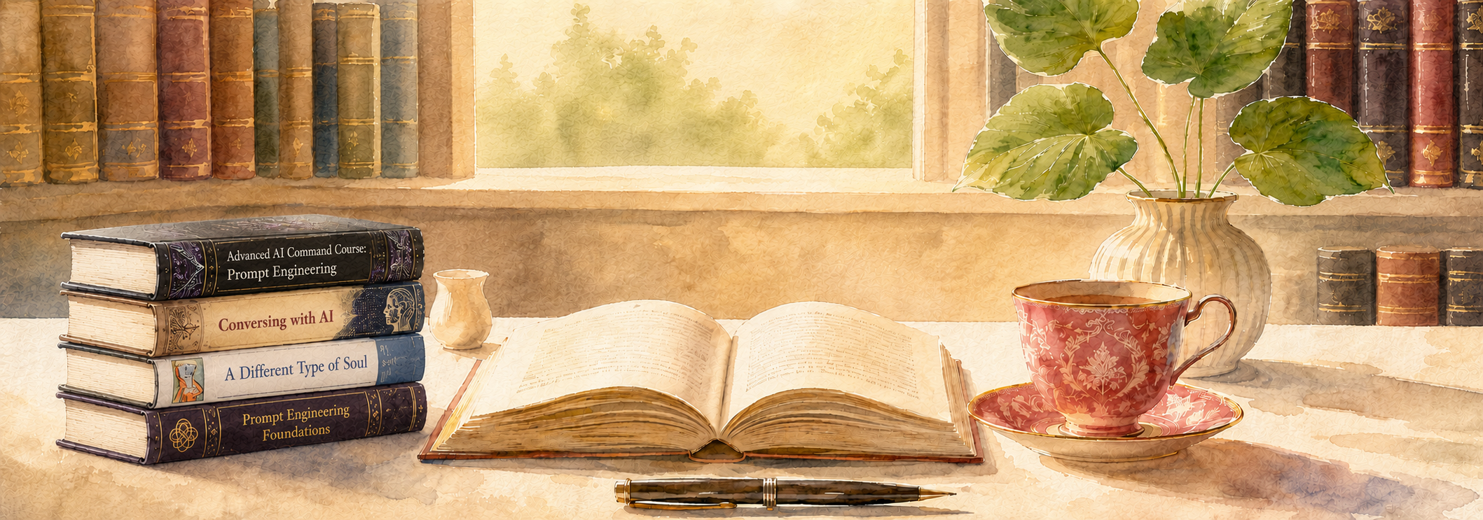 A sunlit watercolor reading table with books by ML Brei, an open volume, a fountain pen, a red teacup, and a leafy plant