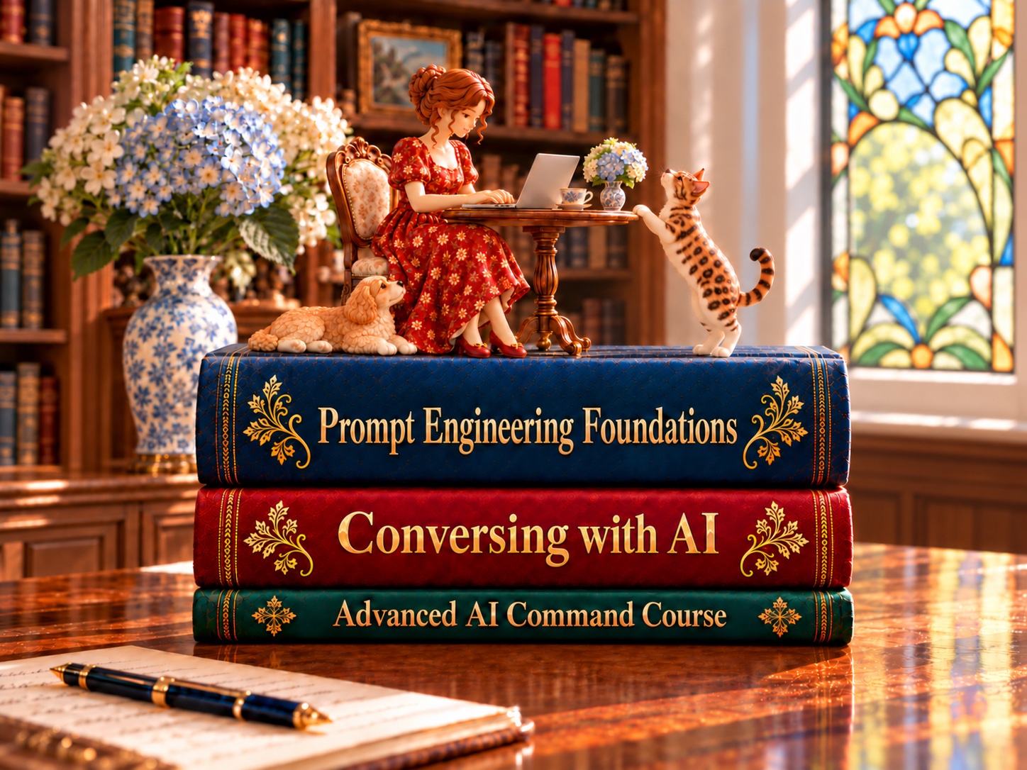 Books and writing materials representing artificial intelligence and language